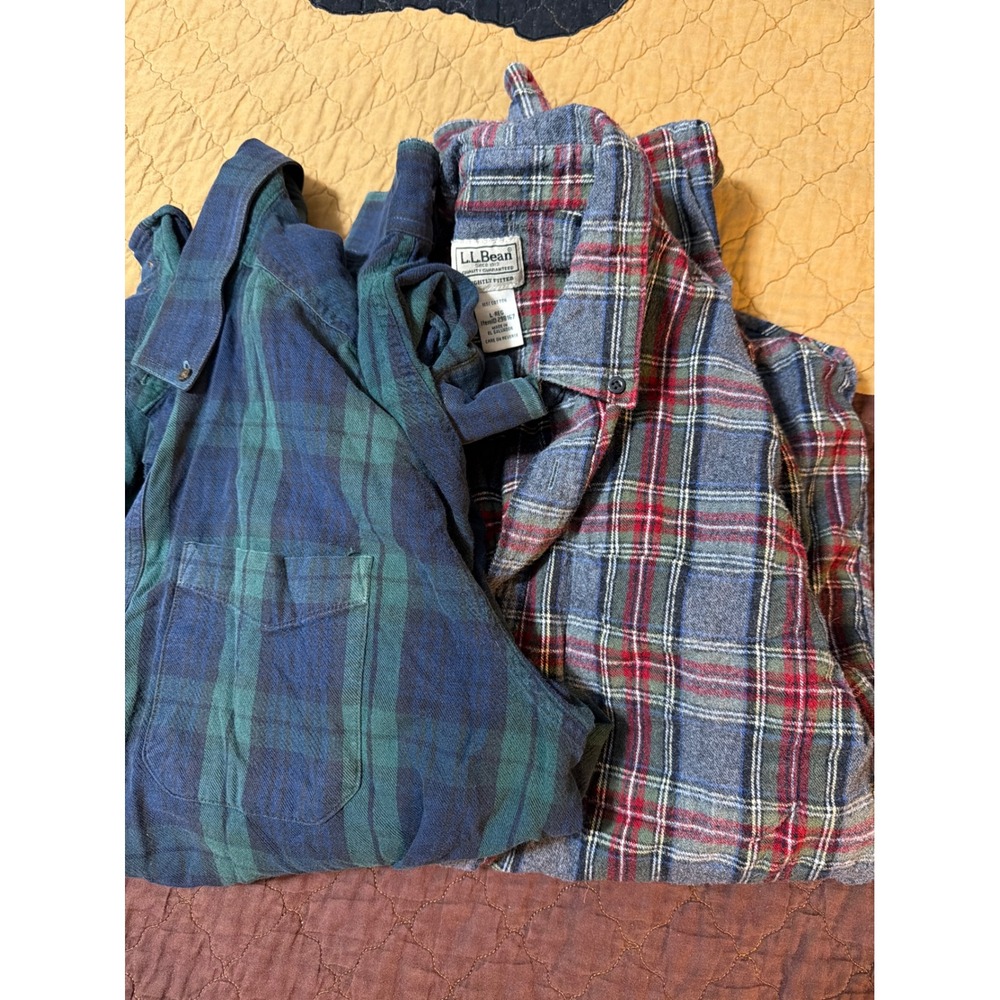 LL Bean Mens Slightly Fitted Flannel Shirt Gray Red Green Plaid Cotton Large Reg